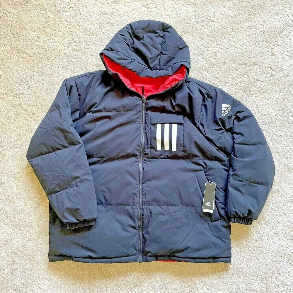 [L] adidas TERREX Reversible 3-Stripe DOWN-FILL Hooded Jacket Black Red